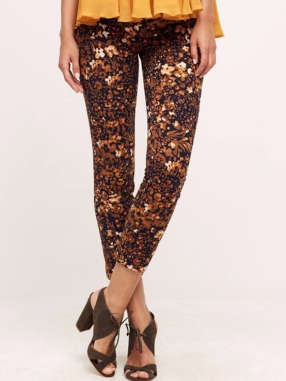 Anthropologie Essential Slim Crop Pants Brown Floral Leather Accent 2 EUC